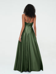 A-ligne Robes Maxi à Licou en Satin avec Poches Olive Verte Grande Taille