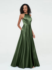 A-ligne Robes Maxi à Licou en Satin avec Poches Olive Verte Grande Taille