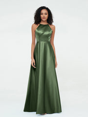 A-ligne Robes Maxi à Licou en Satin avec Poches Olive Verte