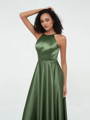 A-ligne Robes Maxi à Licou en Satin avec Poches Olive Verte