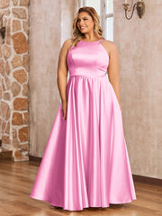A-ligne Robes Maxi à Licou en Satin avec Poches Rose Bonbon Grande Taille