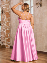 A-ligne Robes Maxi à Licou en Satin avec Poches Rose Bonbon Grande Taille
