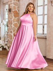 A-ligne Robes Maxi à Licou en Satin avec Poches Rose Bonbon