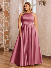 A-ligne Robes Maxi à Licou en Satin avec Poches Cannelle Rose