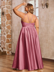 A-ligne Robes Maxi à Licou en Satin avec Poches Cannelle Rose