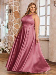 A-ligne Robes Maxi à Licou en Satin avec Poches Cannelle Rose Grande Taille