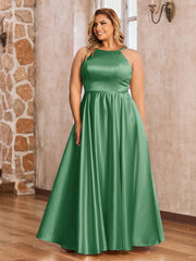 A-ligne Robes Maxi à Licou en Satin avec Poches Emeraude Grande Taille