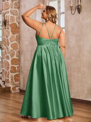 A-ligne Robes Maxi à Licou en Satin avec Poches Emeraude