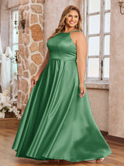 A-ligne Robes Maxi à Licou en Satin avec Poches Emeraude