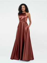 A-ligne Robes Maxi à Licou en Satin avec Poches terracotta Grande Taille