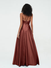 A-ligne Robes Maxi à Licou en Satin avec Poches terracotta Grande Taille