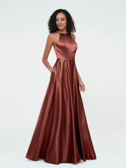 A-ligne Robes Maxi à Licou en Satin avec Poches terracotta Grande Taille