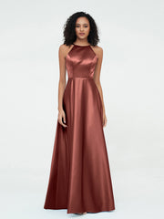 A-ligne Robes Maxi à Licou en Satin avec Poches terracotta Grande Taille