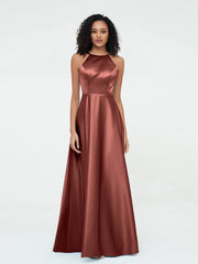 A-ligne Robes Maxi à Licou en Satin avec Poches terracotta