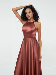 A-ligne Robes Maxi à Licou en Satin avec Poches terracotta Grande Taille