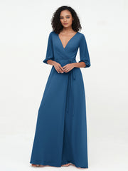 Col en V Profond Demi-Manches Robes Maxi en Mousseline Bleu Encre Grande Taille