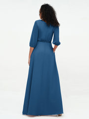 Col en V Profond Demi-Manches Robes Maxi en Mousseline Bleu Encre