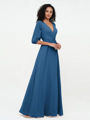 Col en V Profond Demi-Manches Robes Maxi en Mousseline Bleu Encre