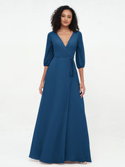 Col en V Profond Demi-Manches Robes Maxi en Mousseline Bleu Encre