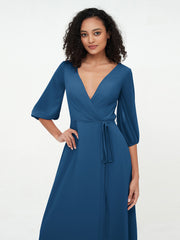Col en V Profond Demi-Manches Robes Maxi en Mousseline Bleu Encre