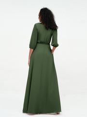 Col en V Profond Demi-Manches Robes Maxi en Mousseline Olive Verte Grande Taille
