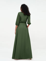 Col en V Profond Demi-Manches Robes Maxi en Mousseline Olive Verte
