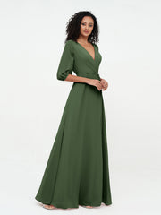 Col en V Profond Demi-Manches Robes Maxi en Mousseline Olive Verte