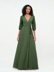 Col en V Profond Demi-Manches Robes Maxi en Mousseline Olive Verte Grande Taille
