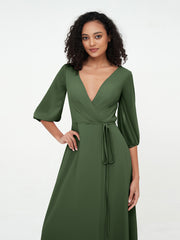 Col en V Profond Demi-Manches Robes Maxi en Mousseline Olive Verte