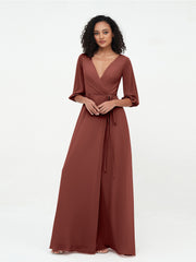 Col en V Profond Demi-Manches Robes Maxi en Mousseline terracotta Grande Taille