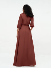Col en V Profond Demi-Manches Robes Maxi en Mousseline terracotta Grande Taille