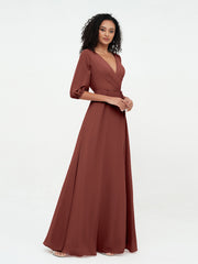 Col en V Profond Demi-Manches Robes Maxi en Mousseline terracotta Grande Taille