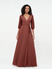 Col en V Profond Demi-Manches Robes Maxi en Mousseline terracotta Grande Taille