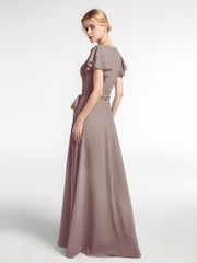 Robe en Mousseline à Col en V à Mancherons avec Auto-nœud Dusk