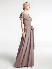 Robe en Mousseline à Col en V à Mancherons avec Auto-nœud Dusk