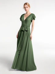 Robe en Mousseline à Col en V à Mancherons avec Auto-nœud Olive Verte Grande Taille