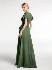 Robe en Mousseline à Col en V à Mancherons avec Auto-nœud Olive Verte Grande Taille