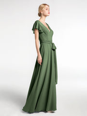 Robe en Mousseline à Col en V à Mancherons avec Auto-nœud Olive Verte Grande Taille