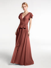 Robe en Mousseline à Col en V à Mancherons avec Auto-nœud terracotta Grande Taille