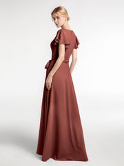 Robe en Mousseline à Col en V à Mancherons avec Auto-nœud terracotta Grande Taille