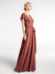 Robe en Mousseline à Col en V à Mancherons avec Auto-nœud terracotta Grande Taille