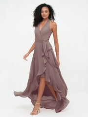 Robes Asymétriques à Licou en Mousseline à Col en V Profond Dusk