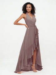 Robes Asymétriques à Licou en Mousseline à Col en V Profond Dusk