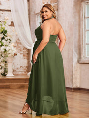 Robes Asymétriques à Licou en Mousseline à Col en V Profond Olive Verte Grande Taille