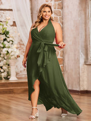 Robes Asymétriques à Licou en Mousseline à Col en V Profond Olive Verte Grande Taille