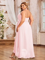 Robes Asymétriques à Licou en Mousseline à Col en V Profond Rose Pâle Grande Taille