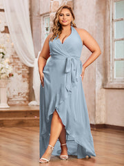 Robes Asymétriques à Licou en Mousseline à Col en V Profond Bleu Poudré Grande Taille
