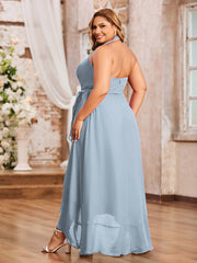 Robes Asymétriques à Licou en Mousseline à Col en V Profond Bleu Poudré Grande Taille