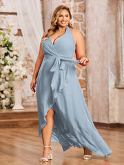 Robes Asymétriques à Licou en Mousseline à Col en V Profond Bleu Poudré Grande Taille