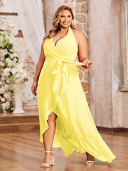 Robes Asymétriques à Licou en Mousseline à Col en V Profond Citron Grande Taille